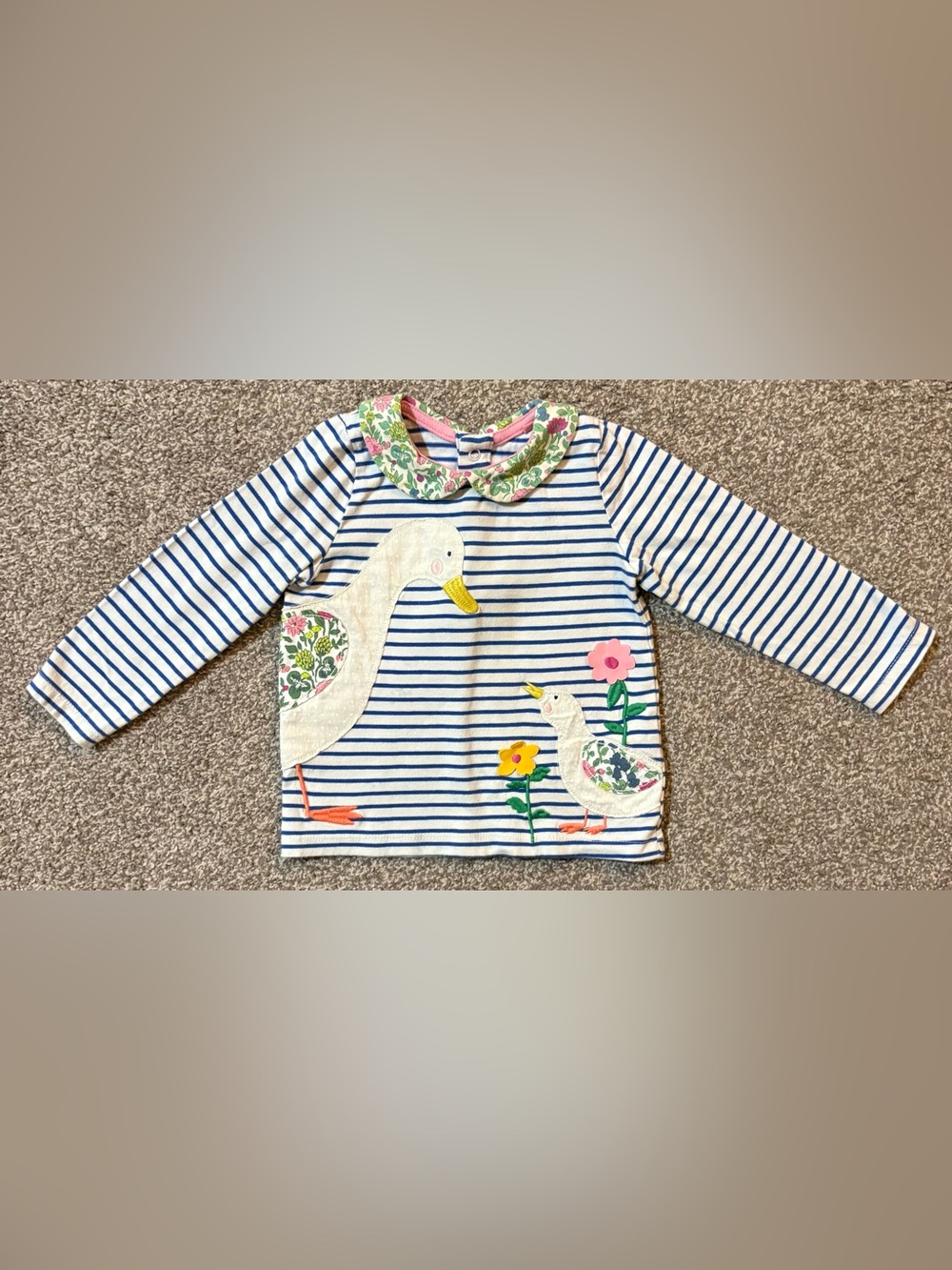 Striped Baby Top with Floral Goose Appliqués